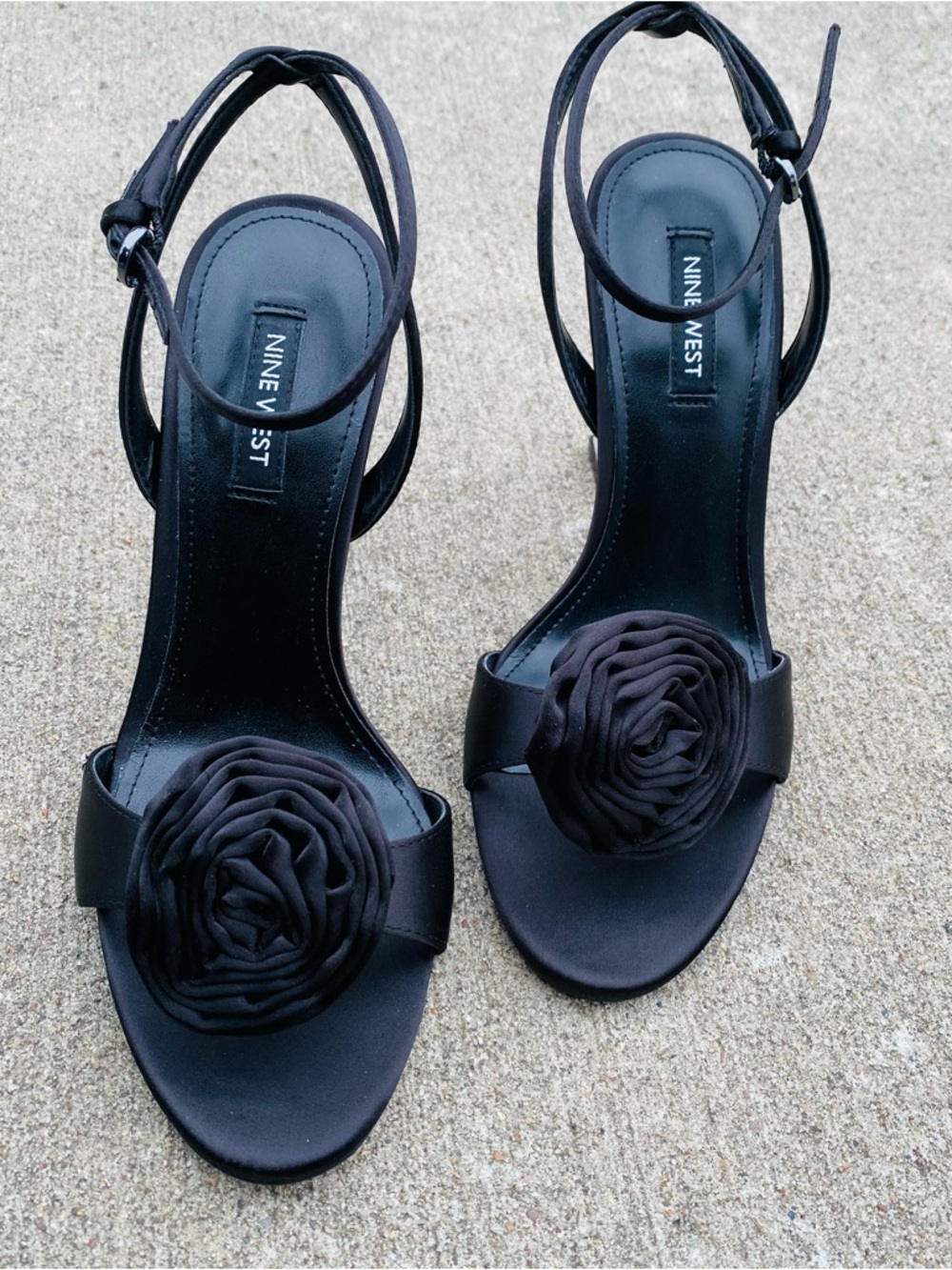 Nine West Black Floral Rosette Ankle-Strap Heels